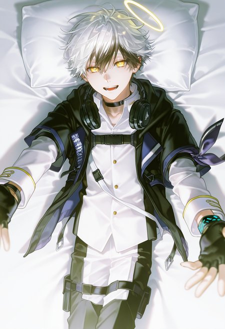 1boy, adnachiel \(arknights\), adnachiel, solo, mature male, tilted halo, yellow eyes, bright pupils, short hair, white hair, black streaked hair, (krenz, quuni, yoneyama mai:1.2), nyalia, depth of field, from above, white theme, lying, on bed, on back, reaching towards viewer, legs folded, looking at viewer, smile, teeth, short over long sleeves, white gakuran, white shirt, gold buttons, collared shirt, white sleeves, sleeve cuffs, choker, black headphones, headphones around neck, black jacket, chest belt, short-sleeved jacket, hood down, bandana around arm, single wristband, open jacket, thigh strap, thigh pouch, fingerless gloves, black gloves, two-tone pants, black pants, white pants, brown boots, detailed face, perfect eyes, masterpiece, best quality, newest, absurdres, highres, explicit, <lora:Adnachielå®å¾·åå°5 lora.TA_trained:0.8>, <lora:DetailedEyes_xl_V2:1>, <lora:add-detail-xl:2>, <lora:ChamIllustriousBackgroundEnhancer:0.8>,  <lora:nyalia:0.4>