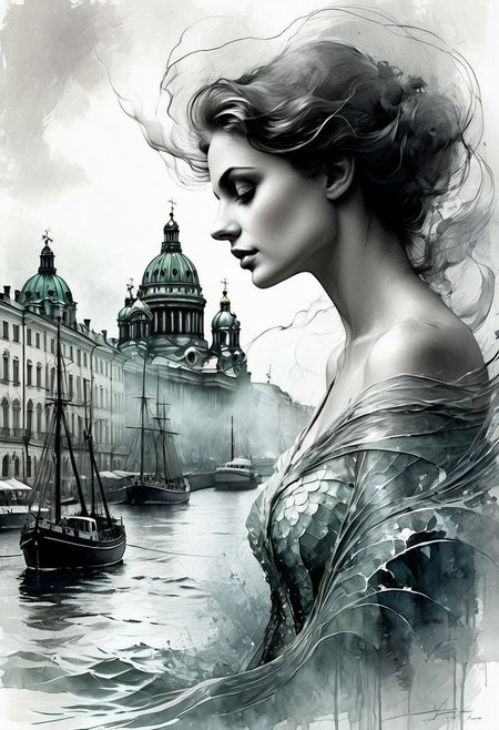 The perfect sea siren)) Double exposure, the fabulous city of St. Petersburg against the backdrop of a seascape, white background, misty haze, MINIMALISTIC rough sketch and rolling ink waves, mysterious style of Harrison Fisher, Jean Baptiste Monge, Thomas Kinkade, David Palumbo, Karn Griffiths.