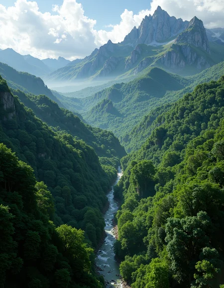 Create a highly detailed, photorealistic image of an aerial view of an enchanting forest, its lush canopy weaving a tapestry of vibrant greens as seen from above. Majestic mountains rise in the distance, their peaks kissed by sunlight and veiled in mist, adding an air of mystery to the landscape. The scene unfolds like a painter's dreamâspellbinding, intricate, and brimming with wonderâa sanctuary of natural beauty that feels almost otherworldly in its magic and splendor. <lora:flux.1_lora_flyway_Epic-detail_v2:0.8> <lora:aidmaImageUpraderv0.3:0.4> aidmaimageupgrader