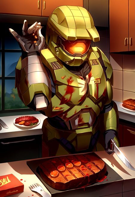 score_9, score_8_up, source_anime, saltbaememe, salt,, <lora:SaltBaeMeme_XLPD_CAME:1.2>, <lora:masterchief-halo-richy-v1_pdxl:1>, masterchief, helmet, visor, power armor, blood, kitchen, kitchen knife, flesh, food, steak,