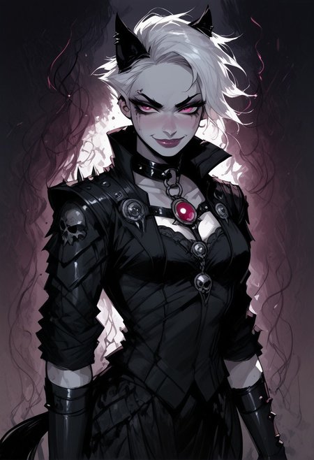 score_9, score_8_up, score_7_up, BREAK, 1girl, beautiful, dramatic lights (( seductive, seductive look, goth, goth girl, goth makeup, animal ears, pink eyes, white colored skin, white hair, short hair, happy, smug, black wolf tail, standing, wide hips, small breasts, sext pose))
<lora:Fant5yP0ny:0.6> <lora:fantasy_world_pony:0.9>
<lora:Cherry-Gig:0.55>