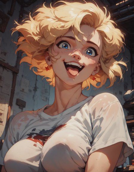 score_9, score_8_up, score_7_up,  1girl, cute, excited, white skin, blue eyes, seductive look, white t-shirt, large breasts, blonde hair, short hair, smile, tongue out, cheeky  <lora:pony/twilight_style:0.8> concept art, realistic <lora:pony/expressiveh:0.8> expressiveh, <lora:pony/kenva:0.8> knva, halftone effect, retro artstyle