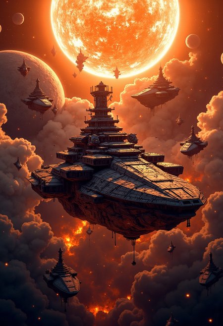 mythp0rt, best quality, masterpiece, large capital spaceship engaged in a fierce battle against several alien spaceships, a supermassive dull sun in the background, cinematic, dynamic photorealistic image, High Definition HD, High Detail, Perfect Composition