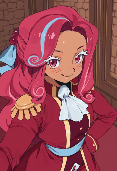 whoopsatr,  anime, masterpiece, best quality, detailed background, 8k, 1girl, solo, raspberry cookie, tan skin, pink hair, long hair, blue hair ribbon, white eyelashes, pink eyes, cravat, red coat, epaulettes, standing, castle wall, indoors, face close-up, smile, half body, staring at viewer, no pose,