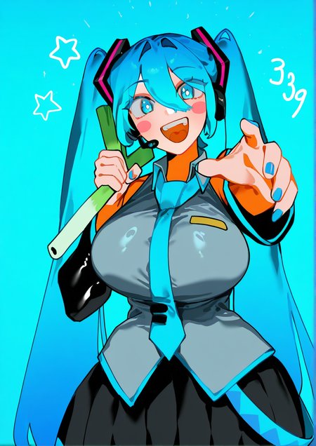 <lora:Bogo:1>,1girl, hatsune miku, detailed background, huge breasts, wide hips, 39, :d, black skirt, black sleeves, blue eyes, blue hair, blue nails, blue necktie, blue theme, blush stickers, bright pupils, collared shirt, detached sleeves, dutch angle, eyes visible through hair, food, grey shirt, headset, holding, holding food, holding spring onion, holding vegetable, necktie, open mouth, polka dot, reaching, reaching towards viewer, round teeth, shirt, skirt, sleeveless, sleeveless shirt, smile, solo, spring onion, star (symbol), teeth, upper body, vegetable, white pupils, 
very awa, masterpiece, best quality, highres, absurdes,amazing quality,year 2024,newest