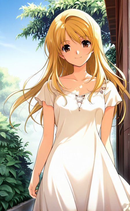 masterpiece, best quality, 1girl, solo, original artstyle, official artstyle, <lora:IL_Sasaki_Style:1>, sasakimutsumi, blonde hair, long hair, brown eyes, dress, looking at viewer, smile, outdoor, cowboy shot