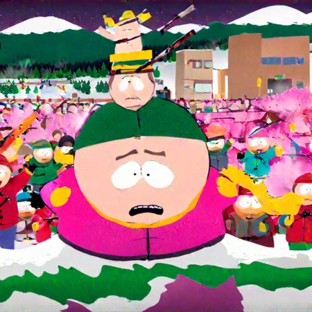 Eric Cartman holding Long Pink Rifle run jump on Air in Event Concert for everybody, Angry and Rage, HUGE Screams, Red Tracksuit, south_park_lora