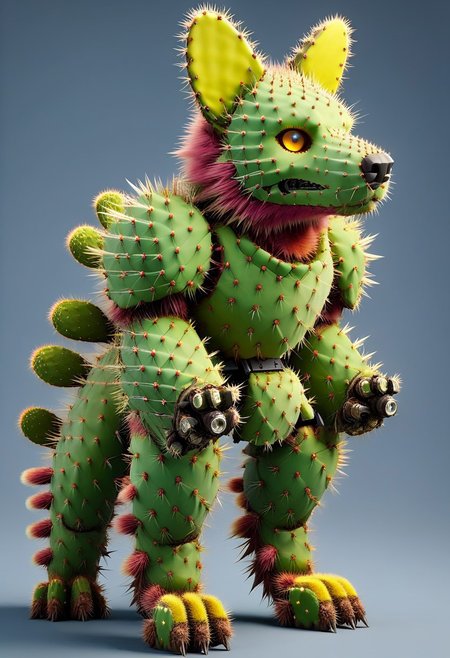 score_9, score_8_up, score_7_up, cs-l3ath3r, NCRender, 
Hidegarurumon is a fierce, wolf-like Digimon covered in rugged, dark brown Prickly Cactus armor. Its fur is sparse and resembles a patchwork of aged, Prickly Cactus  pieces that provide both flexibility and durability. The armor on its body is reinforced with Prickly Cactus  straps and buckles, designed to offer both protection and mobility. Its glowing yellow eyes shine through a mask-like Prickly Cactus  faceplate, and sharp Prickly Cactus claws extend from its paws, capable of tearing through most materials. A large, jagged Prickly Cactus tail swishes behind it, hardened to serve as both a weapon and a tool for balance in combat. NCRender