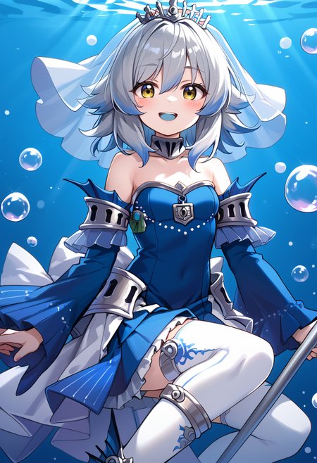 (score_9:0.9),score_8_up,score_7_up,rating_safe,anime style,(zPDXL),(zPDXL3),<lora:Tearlaments Merrli ponyXL v1.1:0.6>,blue dress,tearlaments merrli,silver tiara,blue detached sleeves,mermaid,calf fins,1girl,solo,blue bridal veil,smile,blush,open mouth,looking at viewer,:d,teeth,white thighhighs,air bubble,staff,holding staff,blue mouth,underwater,