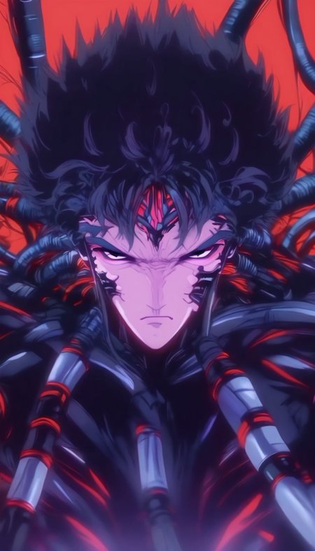 1boy, male focus, solo, black hair, looking at viewer, serious, upper body, black eyes, closed mouth, science fiction, red background, straight-on, cable