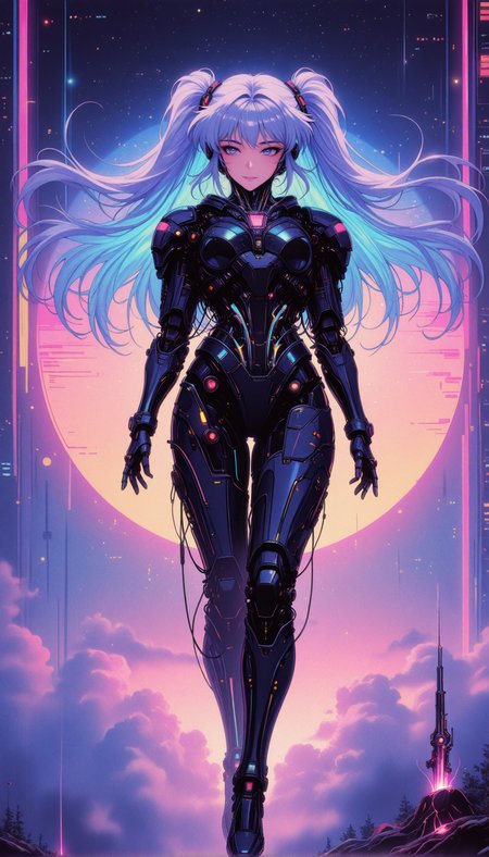 1girl, translucent cybernetic armor, embedded rainbow LED veins, soft glowing effect, cyber angelic aesthetics, floating in digital dreamscape, surreal ambiance masterpiece, best quality, amazing quality, very aesthetic, absurdres, detailed eyes, newest, <lora:PinkieRetroCybercoreIL:1>, pinkretrocybercore, retro, <lora:ck-neon-retrowave-IL-000012:0.8>, in the style of ck-rw,