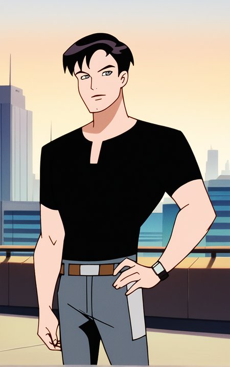 score_9, score_8_up, score_7_up, BREAK
BlackShirt_TerryMcGinnis_ownwaifu, 
1boy, black hair, grey eyes, short hair, bangs, 
black shirt, short sleeves, t-shirt, belt, brown belt, wristwatch, watch, grey pants, shirt tucked in, blue pants, belt buckle,
(contrapposto, hand on hip), sunset, sidelighting, cityscape, vanishing point, outdoors,  depth of field, solo,  
<lora:PONYXL_DC_BatManBeyond_TerryMcGinnis_ownwaifu_r1:0.8> , depth of field, 
,