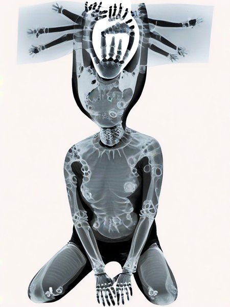 woman arms behind head, body leaning forward slightly, legs crossed, thoughtful and relaxed body language, wearing rubber gimp suit, Abnormal, abstract,x-ray art, <lora:DeconDada++:2>