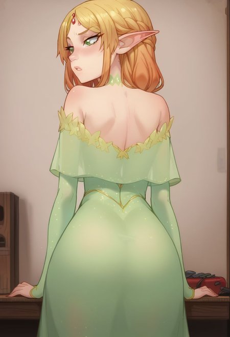score_9, score_8_up, score_7_up, score_6_up, score_5_up, score_4_up, best quality, masterpiece, uncensored, long hair, blonde hair, green eyes, pointy ears, , multicolored hair, forehead jewel,elf, dress,,1girl,solo ,view from behind