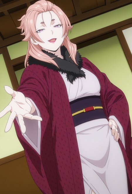 1girl,solo,mm,mature female,long hair,pink hair,purple eyes,lipstick,thick eyebrows,anime coloring,
kimono,fur trim,haori,hand on own hip, outstretched arm, looking at viewer, open mouth, seductive smile, standing, indoors
,masterpiece,best quality,amazing quality,<lora:Mana_Nakiri-Shokugeki_no_Souma:0.8>