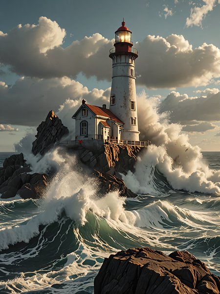 photo realistic picture waves pounding a light house on a rock in the middle of the ocean,  <lora:add-detail-xl:1> 8k, masterpiece, dramatic lighting