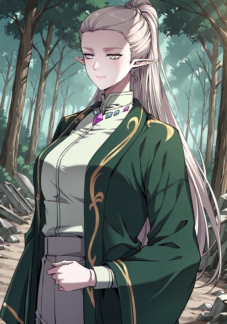 <lora:Alanis_Emeria__The_Beginning_After_the_End__Illustrious:1>
Alanis_Emeria_green_uniform_elf_gems, 1girl, solo, long white hair, ponytail, pointed ears, elf, pale skin, violet eyes, narrow eyes, green jacket, loose jacket, gold trim, wide sleeves, light green high-collar shirt, gemstone collar, purple gem, blue gem, gray pants, formal outfit, fantasy uniform
score_9, score_8_up, score_7_up, very aesthetic, source_anime, detailed, high quality, beautiful, masterpiece, detailed eyes, forest, tree, ruins, cowboy shot, dynamic angle, upper body, light smile, dynamic pose