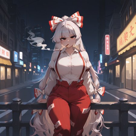 masterpiece, very aesthetic, best quality, high detail, 1girl, solo, solo female, feet out of frame, looking at viewer, fujiwara no mokou, large breasts, curvy, outdoors, city streets, night, relaxed, smoking cigarette, red eyes, white hair, very long hair, hair bow, white bow, white shirt, long sleeves, suspenders, red pants