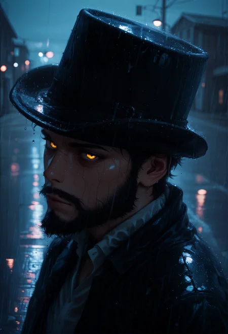 agm-illu, jh-illu, watercolor, lldn, detailed drawing, masterpiece, best quality, good quality, newest, highres, cinematic, volume light, limited palette, night street background, 1man, beard, stovepipe hat, looking at viewer, close up, black clothes, evil, glowing yellow eyes, black eyeliner, closed mouth, rain, wet street,