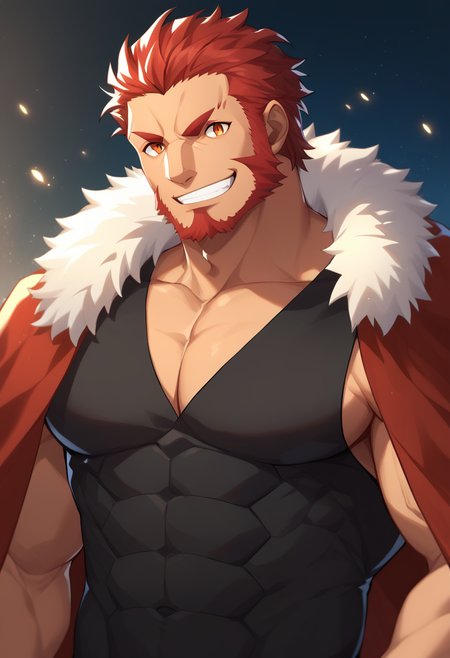 score_9,score_8_up,score_7_up,<lora:fate_zero_all:1>,1boy, character: iskandar_(fate), solo, male_focus, looking_at_viewer, grin, smile, teeth, orange_eyes, slit_pupils, thick_eyebrows, red_hair, short_hair, collarbone, black_shirt, cape, fur-trimmed_cape, shirt, highres, aquiline_nose, bara, border, fur_trim, light_particles, long_sideburns, muscular, muscular_male, pectoral_cleavage, pectorals, sideburns, sidepec, white_border