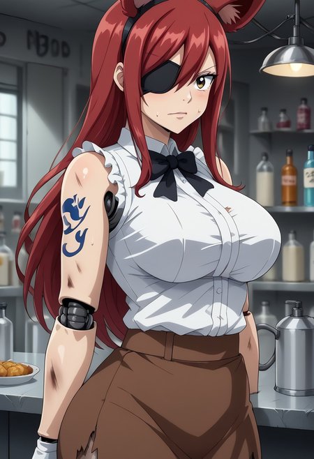 score_9, score_8_up, 1girl, solo, indoors, Laboratory background, Lab gear,    erza scarlet transforming into withered foxy,
 erza scarlet, long hair, red hair, hair between eyes, brown skirt, shirt, bow, boots, sleeveless, sleeveless shirt, tattoo, white shirt, frills,,plump, bbw, big ass,
Withered_FoxyFNAF, , animal ears, yellow eyes, torn clothes, no humans, robot, withered body, damaged, animatronic, joints, endoskeleton, left hook hand, eyepatch on left eye,