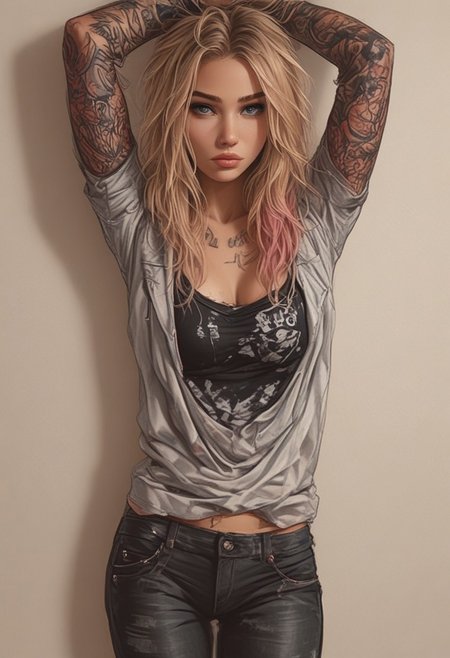 score_9, score_8_up, score_7_up, Best quality, masterpiece, cb_girl, 1girl, solo, 
22 years old, gwen stacy , short blonde hair with pink highlights, blue eyes, casual clothes, cleavage exposed,
tattoo, long hair, looking at viewer, arms up, arm tattoo, against wall, cleavage, blue eyes, blonde hair, cowboy shot,