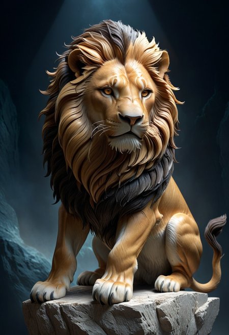 3D render of a majestic lion sculpture, hyper-realistic, intricately detailed fur, powerful stance, dramatic lighting, by Robert Kondo and Paul Komoda, high resolution, polished marble texture, museum quality display, showcasing strength and grace, with a naturalistic background. 
3d-rendering, concept-art, digital, dreaminess, futuristic, multimedia, sculpture, virtual-reality
concept-art, awesome full color, fantasy, epic, majestic, magical, dreamy, perspective, light and shadow, moody, epic, 
beautiful, painterly, aesthetic, textural, vivid, vibrant, intricate details, highly detailed, ultra-detailed, absurdres, 
aidmamj6.1, WhiteMold