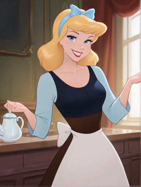 masterpiece, best quality, amazing quality, very aesthetic, absurdres,  newest, detailed background, indoors, dynamic angle, 4k, 8k,  
cinderellaxd, 1girl, blue eyes, solo, apron, blonde hair, teapot, long sleeves, red lips, waist apron, bow,  blue hair bow, shirt, looking at viewer, grin
 <lora:Cinderella_-_Disney_Illustrious-000009:1>