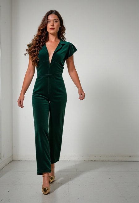 Brunette woman, slim, round ass, long brown wavy hair with dark auburn highlights, medium tits, wearing a dark green corduroy V-Neck Short-sleeved jumpsuit. Walking through the Place de la Concorde in Paris. Stylish, pretty, confident, gold scrappy fashion shoes,