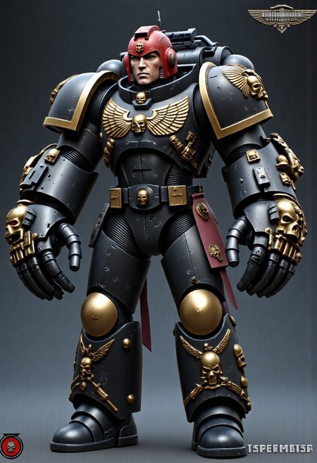 Score_9_up, absurdres, Source: GamesWorkshop, best quality, expressive eyes, perfect face, space marine, Deathwatch Astartes Chapter sergeant with large power fists, red astartes helmet, power armor, full body, volumetric lighting project unreal engine, mantisdetailerse, adddetails, DeathW40k, <lora:warhammerAdeptus_v1:0.7>,