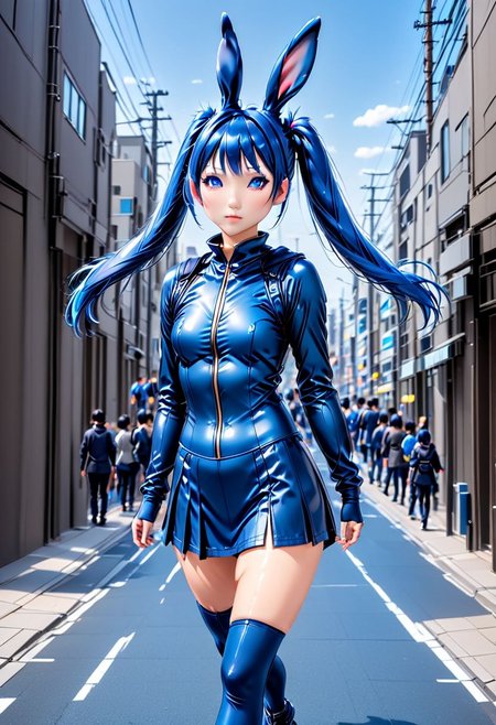 Bunny Goddess Blue Idoru. A beautiful young Japanese woman. Petite and slender. She has blue eyes and blue hair in twin-tails. She is wearing a skimpy bunny suit. Cute idol pose on a city street.