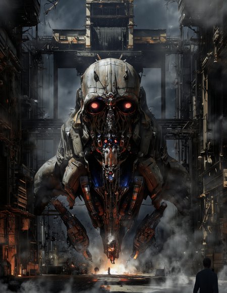Art by Col Price & Arthur Yuan.
A digital illustration shoot from a frontal camera angle about a stylized, abstract composition featuring a futuristic, metallic skull with glowing red eyes, set against a dark, smoky industrial background. the skull is positioned in the center of the image, surrounded by a chaotic, industrial setting with smoke, cranes, and other structures. the background is filled with industrial elements such as metal structures, pipes, and machinery, creating a sense of chaos and destruction. on the middle of the skull, a large, metallic structure with intricate details and glowing red and blue accents is visible, emitting a plume of smoke and flames. the overall mood is dark and moody, with a focus on the skull and its surroundings.