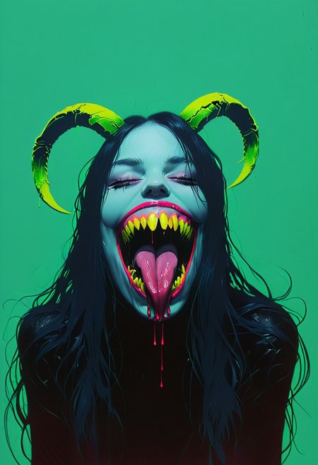 a woman resembling venom, Open mouth, tongue, shadow veiling her eyes, Long Hair, Horns, blushed smiling, Excited, Venom by Conrad Roset, pop art, pop surrealism, dark color graded, very detailed 3d effect, deep image visualisation, extreme depth of field, create a pop-art hyperpunk scene with desaturated dark yellow and neon-green details, colorful (polaroid:0.7) with vibrant colors, (vacations, high resolution:1.3), (small, selective focus, european film:1.2), (sexual advance:1.5), closeup