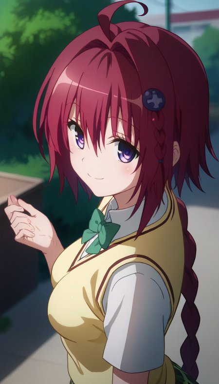 score_9,score_8_up,score_7_up,score_6_up BREAK official art,solo,outdoors,cowboy shot,looking at viewer,facing viewer,smile,blush,Kurosaki Mea,ahoge,very long hair,red hair,hair intakes,hair ornament,braid,hair between eyes,bangs,purple eyes,school uniform,sweater vest,yellow vest,white shirt,collared shirt,green bowtie,short sleeves,medium breasts,miniskirt,green skirt,plaid skirt,pleated skirt,black socks,loafers,<lora:Kurosaki Mea(tlr)-Pony:1.6>,