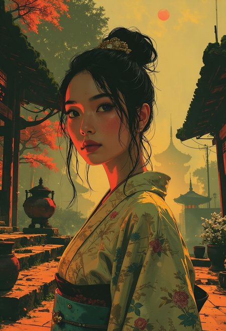 "A serene portrait of a young Asian woman, her porcelain skin glowing in dawn light, hazel eyes reflecting calm confidence beneath thick lashes. Silky black hair is swept into a *negayama* updo, secured by a gold *kanzashi* adorned with mother-of-pearl sakura petals and coral beads, accented by amethyst-tipped pins. She wears a brocade kimono—creamy base woven with gold threads—featuring chrysanthemums and peonies in golden ochre and blush hues. A turquoise obi cinches her waist, embroidered with a dragon whose scales shift from azure to gold, its folds casting soft shadows.  
Behind her, a Heian-era garden unfolds: a moss-covered pavilion with lattice-filtered sunlight frames the scene. To her left, a crimson *chojin* lantern casts fiery reflections on stone steps; to her right, ceramic pots hold white camellias, dewdrops glistening on emerald leaves. Maple trees with garnet foliage surround a mist-veiled pagoda, while sakura petals dot a dark veranda.  Lighting blends dawn’s soft rays with the lantern’s warm glow, contouring her silhouette. Hazy atmosphere mutes contrasts, highlighting textures—glimmering gold threads, the obi’s iridescent embroidery, dewdrops on petals. Timeless harmony prevails, uniting Heian architecture, nature, and adornment in refined balance. Details: photorealistic textures, cinematic lighting, traditional Japanese aesthetics, ethereal ambiance, cultural symbolism, vivid gradients.