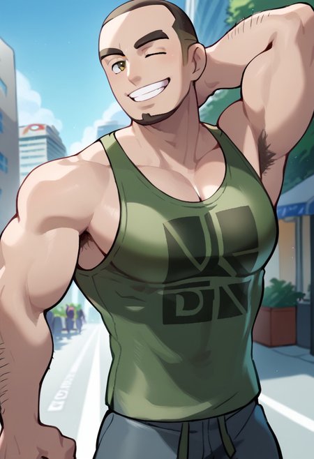 txt2img
score_9, score_8_up, score_7_up, source_anime, highly detailed, big pecs, male focus, 1boy, sideburns, standing, muscular, city background, Expressiveh, hands behind head, looking at viewer, city background, wink, teeth, smile
POKEMON_BuffGuy, hairy arms, buzz cut, goatee, big pectorals, brown hair, facial hair, thick eyebrows
green tank top with black accents, demin tight pants, 
pokemon