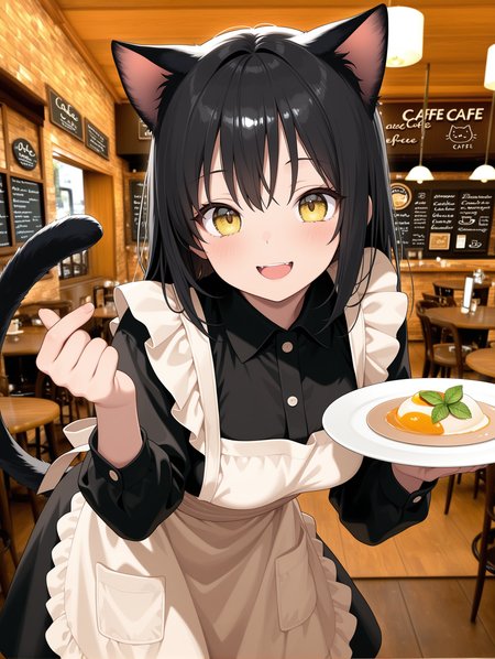 1girl, waitress, apron dress, cat ears, open smile, yellow eyes, black hair, cat tail, cafe, leaning forward, holding plate, photo background, beckoning, 
,masterpiece,best quality,amazing quality,