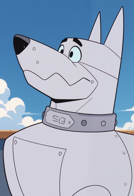 masterpiece,best quality,amazing quality, 1boy, solo, s3ntr0, robot dog, silver skin, color sclera, metal collar, close up, side angle,