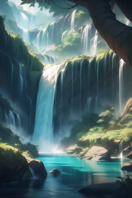 nature, water, waterfalls, fantasy land, no humans, masterpiece, best quality