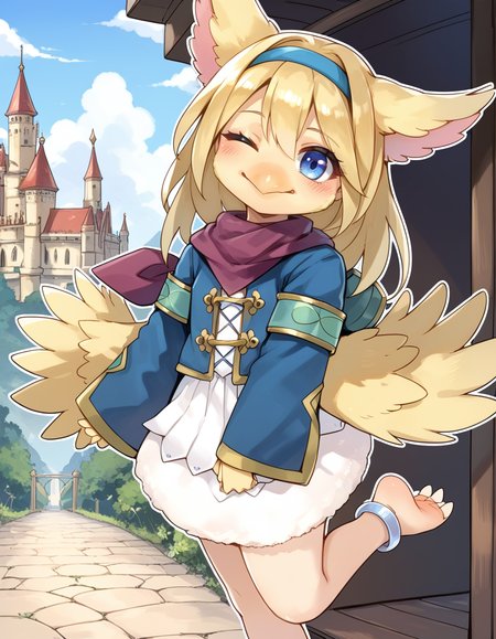 (score_9:0.9),score_8_up,score_7_up,rating_safe,anime_style,(zPDXL3),(zPDXL),
<lora:Filo, Messenger Fur Hire ponyXL v1.1:0.95>,
filo messenger fur hire,solo,1girl,one eye closed,outline,blush,white outline,silver anklet,looking at viewer,closed mouth,smile,cyan hairband,bird girl,feathered wings,full body,blue jacket,happy,barefoot,bottomless,beak,castle,