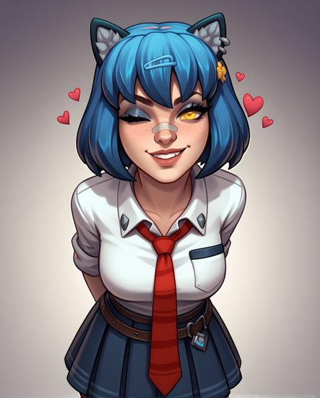 score_9, score_8_up, score_7_up, score_6_up, score_5_up, score_4_up,
BREAK
school_maeve, schoolgirl maeve outfit, bandaid on nose, blue gloves, face shot, dynamic angle, beautiful, smirk, wink, floating heart, hands behind back, leaning forward
BREAK
gradient background,  <lora:SchoolMaeve2:0.8>