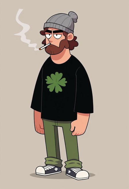 2zdxxps, 1boy, male focus, solo, hat, beanie, grey headwear,  brown hair, shirt, simple background, closed mouth, black shirt, full body, smoking, 4 leaf clover, marijuana, weed jokes,, 2 dimensional, flat color, cel shading, source_cartoon, vector art, score_9, score_8_up,