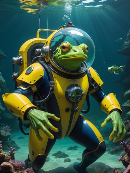 an underwater scene with fantastical humanoid creatures. The foreground depict one green-skinned humanoid with amphibian-like features, wearing a yellow diving suit, bulging eyes, a broad frog-like smile, and is wearing a transparent spherical helmet.