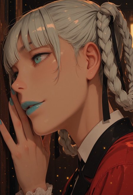 masterpiece, best quality, 32k, high resolution, absurdres 
1girl, solo, momobami kirari, short hair, white hair, blunt bangs, twin braids, braided hair rings, hair ribbon, blue eyes, blue lips
long sleeves, blue nails, nail poilsh, blazer, red jacket, suit jacket, white shirt, collared shirt, frilled sleeves, black neck ribbon,
closeup, closeup to face, portrait, outside border
simple background
light particles, dynamic angle,  cinematic angle, various angles, detailed background, beautiful background, (rays light:1.0),(grow:1.0) vivid colors, shiny and glossy, anime style, high-res, beautiful aesthetic, very intricate, high-quality details, vibrant,