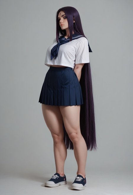 score_9, score_8_up, score_7_up, score_6_up, score_5_up,  muscular female, curvy, 1girl, solo, absurdly long hair, full body,  Raven from DC, school uniform,shirt,skirt