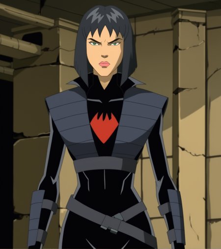 score_9, score_8_up, score_7_up, score_6_up, Karai, short hair, black hair, upper body, makeup, lipstick, black outfit, bodysuit, medium breasts, cartoon, screencap <lora:Karai_Pony:1>