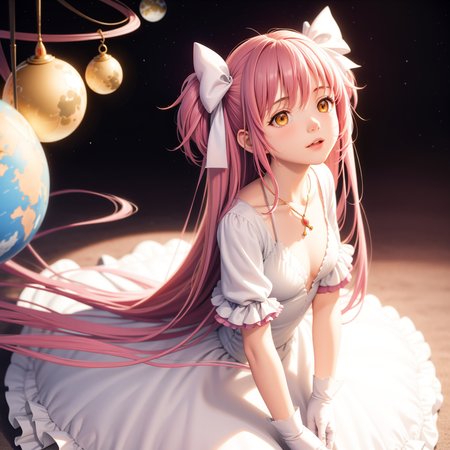 masterpiece, best quality,1girl, solo, long hair, ultimate madoka, yellow eyes, pink hair, gloves, planet, earth (planet), kaname madoka, dress, two side up,(kbxll:0.6)