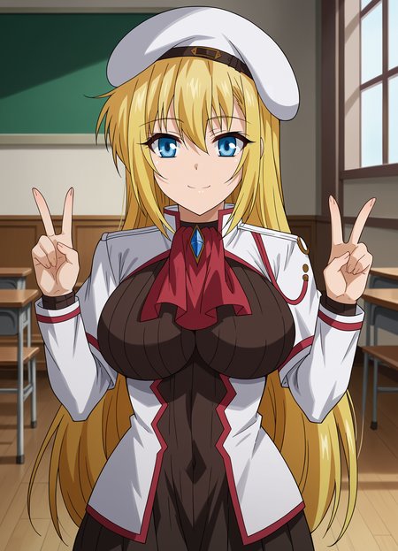 <lora:Silvia_Lautreamont-Seikoku_no_Dragonar:0.85>,Silvia,1girl,solo,blonde hair,long hair,blue eyes,large breasts,school uniform,cowboy shot,looking at viewer,smile,indoors,hat,double v,