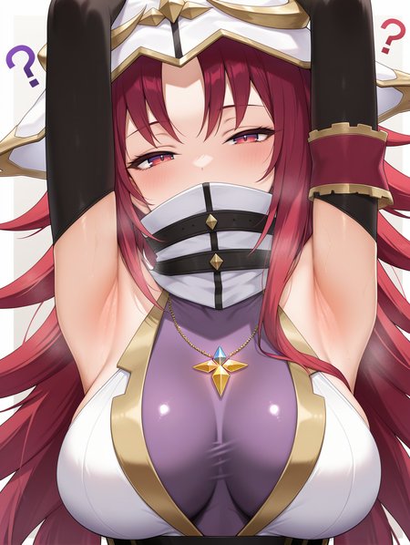 beyond the pendulum,1girl,solo,high collar,looking at viewer,crystal necklace,upper body,covered mouth,multicolored elbow gloves,?,medium breasts,large breasts,purple bodysuit,white dress,head tilt,half-closed eyes, arms up, armpit crease, 
masterpiece,best quality,amazing quality,very aesthetic,absurdres,newest,<lora:Beyond the Pendulum illuXL v1:0.72>,