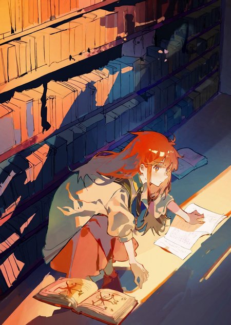 by sho,by demizu posuka 
1girl explores a dimly lit attic filled with old books, casting eerie shadows on the walls. close up qurare magic library, 
 masterpiece, best quality, high quality, highres, absurdres, very detailed, high resolution, sharp, sharp image, 8k, vivid, colorful, stunning, anime